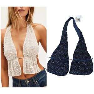 Free People Ibiza nights Beaded Halter Top
Navy blue  NEW